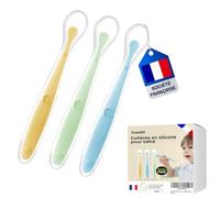 Cuillere Bebe 1er Age (3 Pièces) - Cuillère Bébé en Silicone [Société Française] Cuillère Incurvée Souple Pour Les Repas de Bébé de Plus de 1 Mois - Qualité Garantie (Bleu/Vert/Jaune)
