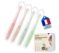 Cuillere Bebe 1er Age (4 Pièces) - Cuillère Bébé en Silicone - Cuillère Incurvée Souple Pour Les Repas de Bébé de Plus de 1 Mois - Qualité Garantie (4, Rose/Mauve/bleu/Vert)