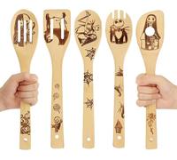 Cuillère de Cuisine en Bois Unique avec Motif Cauchemar, Ensemble de Cuisinière en Bambou bio Antiadhésif, Ensemble d'ustensiles de Cuisine Cadeau Noël(5 PCS)