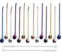 Cuillère Paille Inox Reutilisable 2 en 1, BetterJonny Cuillère à Paille Réutilisable Acier Inoxydable Pailles Cuillèr 2 en 1 en Métal avec 2 Brosses de Nettoyage (A)