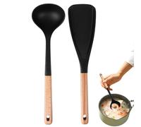 Cuillères de cuisine en silicone antiadhésives avec poignée en bois - Ensemble de cuillères de cuisine en silicone pour salade, soupe, gâteau, œuf, biscuits, maison, restaurant, boulangerie