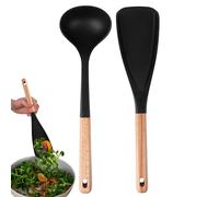 Cuillères de cuisine en silicone - Batterie de cuisine antiadhésive avec manche en bois | Ensemble de spatules de cuisson résistantes à la chaleur - pour salade, soupe, gâteau, pâtisserie, mélange