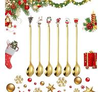 Cuillères de Noël, 6 Pièces Cuillères à Café de Noël, Cuillères à thé à Dessert en Acier de Noël, Ensemble de cuillères à café de Noël, Petite Cuillère à Dessert, avec boîte cadeau (Gold)