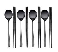 Cuillères et baguettes coréennes réutilisables en acier inoxydable pour la maison, la cuisine, le restaurant (noir)