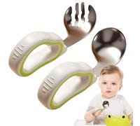 Cuillères et fourchettes pour bébé,Fourchette et cuillère pour bébé, Cuillère auto-alimentée pour tout-petits, Ensemble de couverts pour bébé en acier inoxydable avec manche en Silicone, Vesone