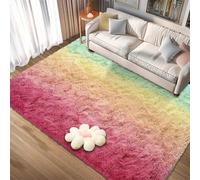 CUIMEI Tapis Poils Longs Salon 160 x 180 cm, Dessous Antidérapant, Lavable à 30 Degrés, Super Doux, Aspect Fourrure, pour Salon Salon Salle de Bain Moelleux Tapis, Arc-en-Ciel