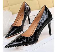 Cuir verni motif tissé pour femmes Escarpins chaîne en métal talons hauts Stiletto Luxe Chaton talons sexy chaussures de fête -9611-A3-noir, 39