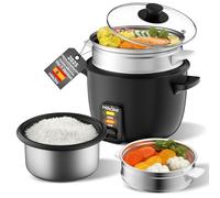 Cuiseur à riz 1 L avec cuiseur vapeur et cuve intérieure anti-adhésive. Préparez des soupes, des ragoûts, des céréales et gardez au chaud - Accessoire vapeur inclus - Cuillère et tasse doseuse - Noir