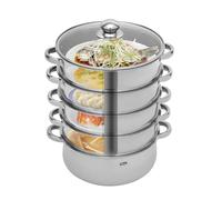 Cuiseur vapeur 3/5 étages empilable en acier inoxydable argenté pour légumes, poissons, soupes, boulettes (5 niveaux, 28 cm)