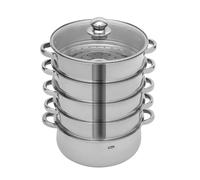 Cuiseur vapeur à 5 étages - En acier inoxydable 304 - 28 cm - Empilable - Avec couvercle en verre et 1 casserole - Pour induction/cuisinière à gaz - Grand volume : 15 kg par niveau - Amortisseur