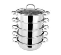 Cuiseur vapeur à 5 étages - En acier inoxydable - Avec insert vapeur et couvercle en verre - Pour gaz, induction, céramique - Argenté - 28 cm