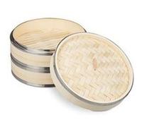 Relaxdays Cuiseur vapeur bambou, 2 niveaux, anneaux en métal, panier asiatique, riz, dimsum, légumes, Ø 24 cm, nature