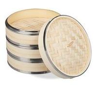 Relaxdays Cuiseur vapeur bambou, 3 niveaux, anneaux en métal, panier asiatique, riz, dimsum, légumes, Ø 24 cm, nature