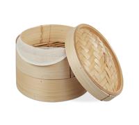 Relaxdays cuiseur vapeur bambou, panier asiatique avec 2 étages, pour Dim Sum, riz, bamboo steamer, Ø 20,5 cm, nature