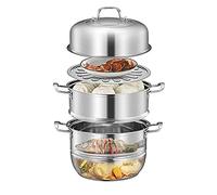 Cuiseur vapeur de 28 cm pour la cuisson, marmite à vapeur en acier inoxydable avec poignées des deux côtés, casserole à vapeur épaisse multicouche avec couvercle en verre trempé (3 Tier)