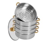 Cuiseur vapeur en acier inoxydable - 26/28/30 cm - 5 étages - Avec couvercle en verre - Doré/argenté - Convient pour plaques de cuisson à gaz, plaques à induction et casseroles électriques en argile -