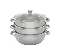 Cuiseur vapeur en acier inoxydable à 3 couches avec couvercle en verre, kit de cuisson vapeur multifonction argenté, pommes de terre cuites, viande, légumes, résistant aux hautes températures, 28 cm