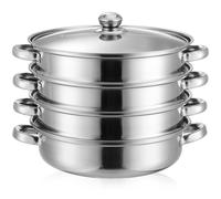 Cuiseur Vapeur en Acier Inoxydable à 4 Étages Couvercle | Surface Polie Miroir, Base Épaisse, Panier Empilable, Poignées Ergonomiques, pour Raviolis, Soupes