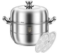 Cuiseur vapeur en acier inoxydable, Petits pains cuits à la vapeur en acier inoxydable 304 de qualité alimentaire, fond composite 5 couches, fruits mer, soupe au poulet mijoté(32cm)