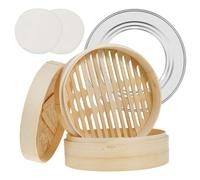 Cuiseur vapeur en bambou à 2 étages - Panier vapeur asiatique avec couvercle, anneau amortisseur en acier inoxydable et chiffon à vapeur pour Dim Sum, Dumplings, légumes, riz, viande et poisson