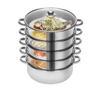 Cuiseur vapeur multifonction en acier inoxydable 5 couches avec couvercle en verre de 26 cm - Cuiseur vapeur en acier inoxydable argenté - Pour tous les types de cuisinières telles que l'induction, la