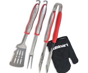 Cuisinart Ensemble 3 Outils BBQ avec Gant | Spatule, Fourchette, Pinces en Acier Inoxydable à Long Manche | Gant résistant à la Chaleur Inclus (Noir) (Rouge EU)