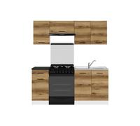 Cuisine complète 180 cm,Ensemble de meuble de cuisine coloris Chêne delano/Blanc, plan de travail Noir inclus