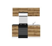Cuisine complète 180 cm - -,Ensemble de meuble de cuisine coloris Chêne delano/Blanc, plan de travail Noir inclus - PEGANE -