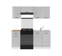 Cuisine complète 180 cm,Ensemble de meuble de cuisine coloris gris clair brillant/blanc, plan de travail coloris Chêne doré inclus