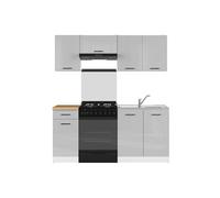 Cuisine complète 180 cm - -,Ensemble de meuble de cuisine coloris gris clair brillant/blanc, plan de travail coloris Chêne doré inclus - PEGANE -
