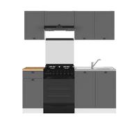Cuisine complète 180 cm,Ensemble de meuble de cuisine coloris gris graphite/blanc, plan de travail coloris Chêne doré inclus