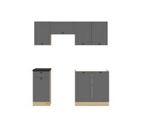 Cuisine complète 180 cm - -,Ensemble de meuble de cuisine coloris Gris graphite/Chêne graphite, plan de travail noir inclus - PEGANE -