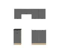 Cuisine complète 180 cm,Ensemble de meuble de cuisine coloris Gris graphite/Chêne graphite, plan de travail noir inclus