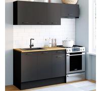 IDMarket Cuisine complète SUBTIL 180 cm – 5 éléments avec plan de travail, noir et plateaux bois
