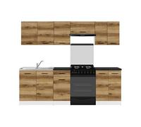 Cuisine complète 240 cm - -,Ensemble de meuble de cuisine coloris Chêne delano/Blanc, plan de travail noir inclus - PEGANE -