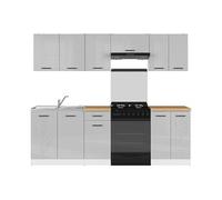 Cuisine complète 240 cm - -,Ensemble de meuble de cuisine coloris gris clair brillant/blanc, plan de travail coloris Chêne doré inclus - PEGANE -