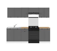 Cuisine complète 240 cm, Ensemble de meuble de cuisine coloris gris graphite/blanc, plan de travail coloris Chêne doré inclus - -