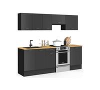 IDMarket - Cuisine complète 240 cm Subtil avec Plan de Travail 7 éléments Noir et Plateaux Bois