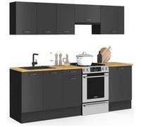 IDMARKET Cuisine complète SUBTIL 240 cm avec plan de travail 7 éléments noir plateaux bois