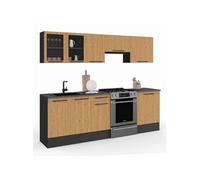 IDMarket - Cuisine complète 240 cm Subtil avec vitrine + Plan de Travail 7 éléments Noir et façon hêtre