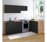IDMarket Cuisine complète d'angle SUBTIL 400 cm – 7 éléments, plan de travail bois et noir