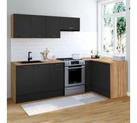 IDMarket Cuisine complète d'angle SUBTIL 400 cm – 7 éléments, plan de travail bois et noir