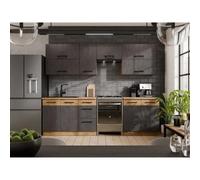 Cuisine complete ROCK 7 éléments - Décor chene lancelot et gris matera - L260 x P 52 x H82 cm - Plan de travail non inclus