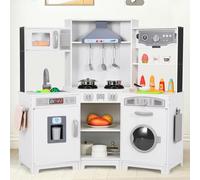 Cuisine d’Angle Enfants, Cuisine Enfant avec Lumière et Son, Cuisine en Bois Enfant avec Machine à Laver, 102 x 30 x 92 cm Jouet Cuisine Enfant, Jouet d’Imitation pour Tout-Petits de 3 Ans+, Blanc