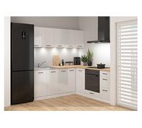 Cuisine d'angle complète 200x200 cm Meubles de cuisine modulables coloris Blanc/Craie brillant, plan de travail chêne doré inclus - -