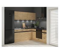 Cuisine d'angle complète 200x200 cm - -, Meubles de cuisine modulables coloris Chêne bernstein, plan de travail Noir inclus - PEGANE -