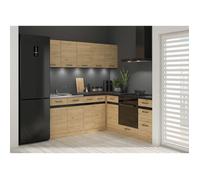 Cuisine d'angle complète 200x200 cm, Meubles de cuisine modulables coloris Chêne bernstein, plan de travail Noir inclus