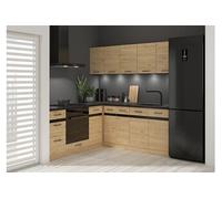 Cuisine d'angle complète 200x200 cm Meubles de cuisine modulables coloris Chêne bernstein, plan de travail Non inclus - -