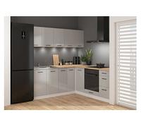 Cuisine d'angle complète 200x200 cm Meubles de cuisine modulables coloris Gris clair brillant/Blanc, plan de travail chêne doré inclus - -
