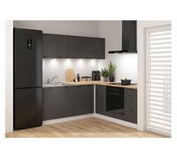 Cuisine d'angle complète 200x200 cm Meubles de cuisine modulables coloris gris graphite/Blanc, plan de travail chêne doré inclus - -